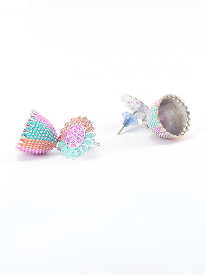 Silver-Plated Floral Pink & Green Jhumki Earrings