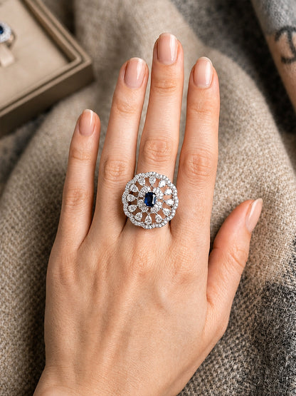 Rhodium Plated Blue AD Finger Ring for Women
