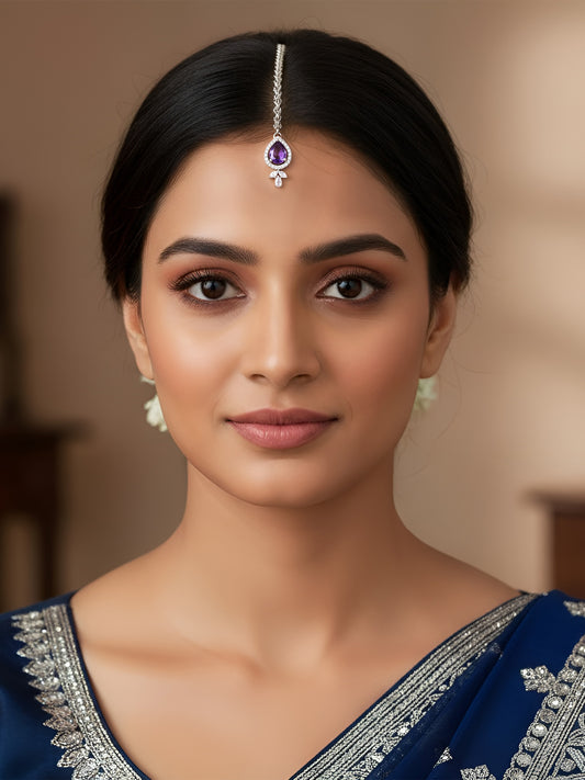Rhodium Plated Purple American Diamond Maang Tikka for Women
