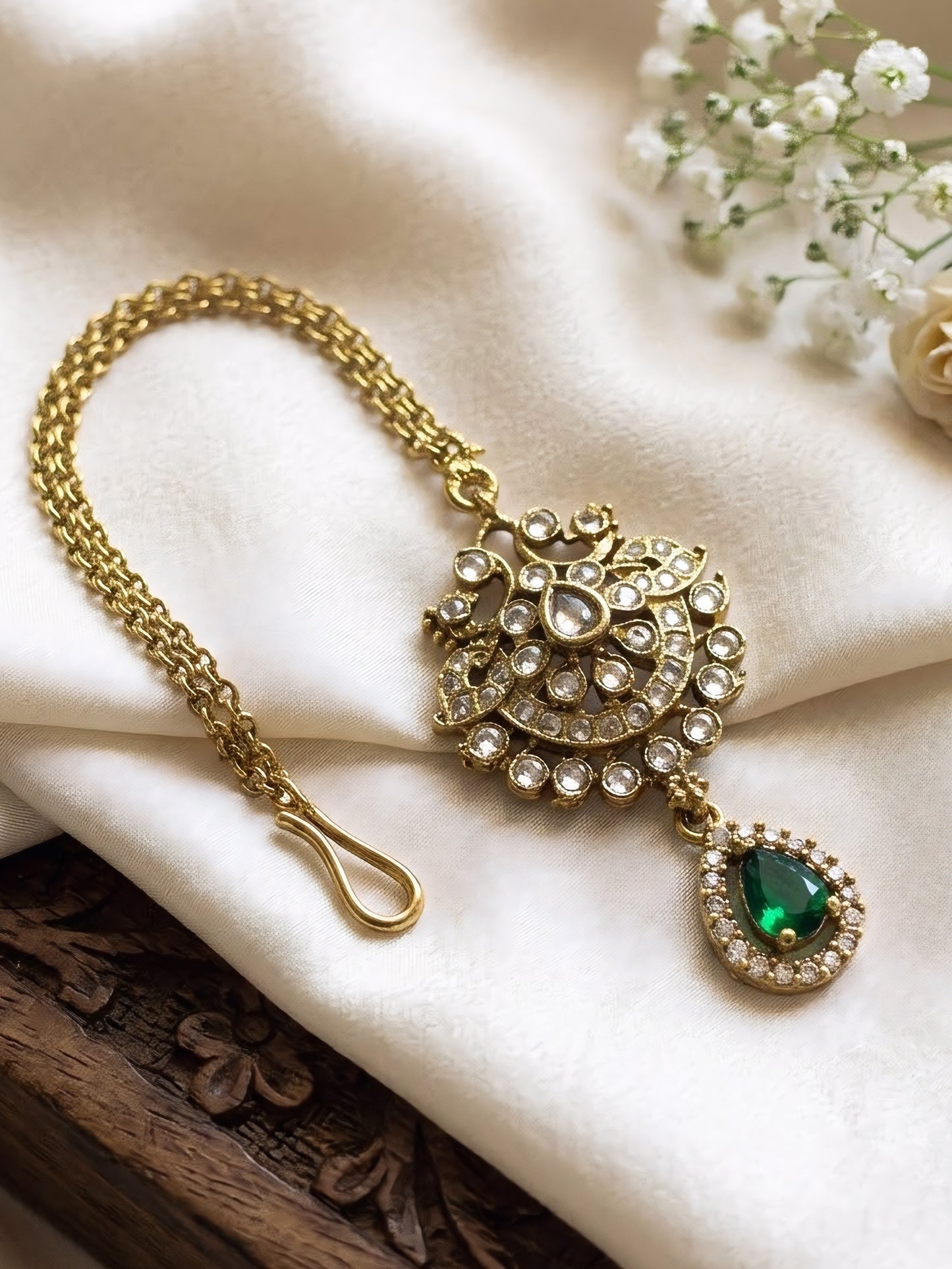 Gold Plated Green AD Maang Tikka for Women