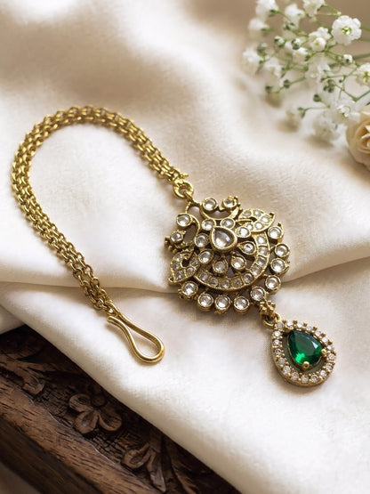 Gold Plated Green AD Maang Tikka for Women