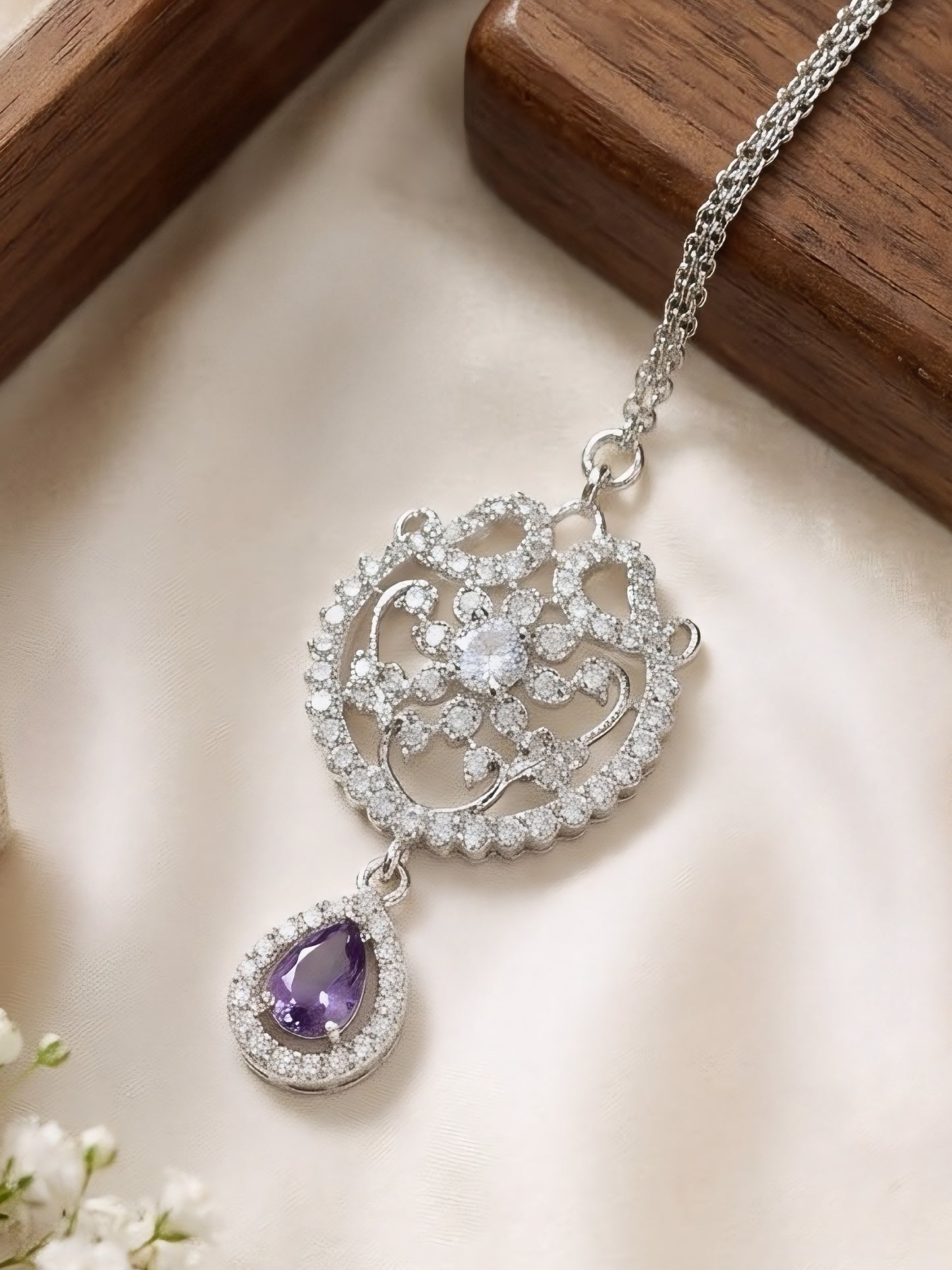 Silver Plated Purple AD Ethnic Maang Tikka for Women