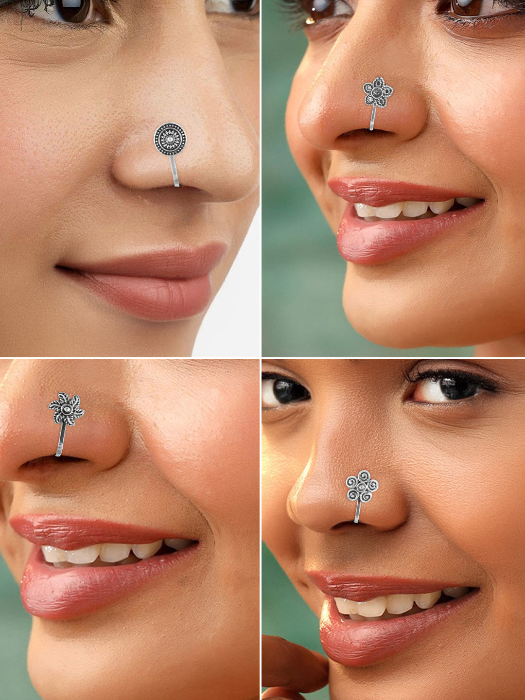 Set of 12 Silver-Oxidised Floral Non-Piercing Nosepins