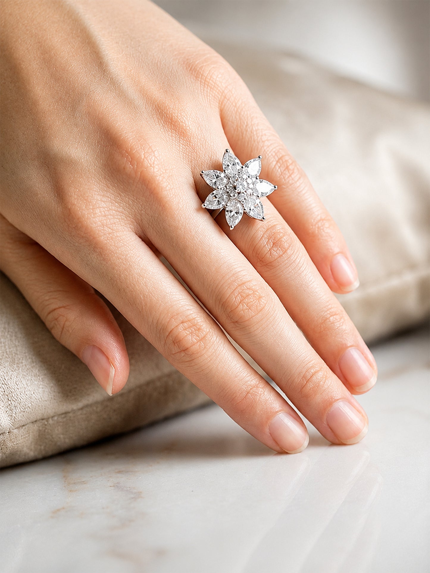 Rhodium Plated AD Floral Finger Ring for Women