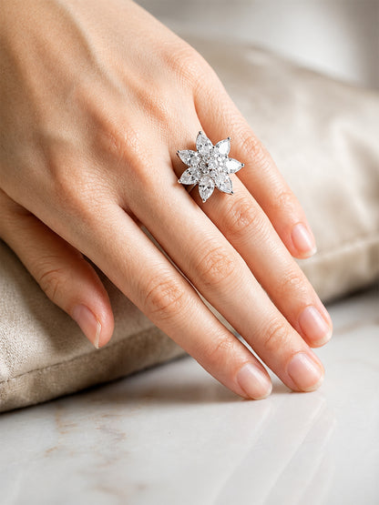 Rhodium Plated AD Floral Finger Ring for Women