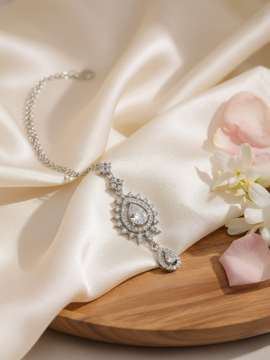 Silver Plated White AD Drop Maang Tikka for Women