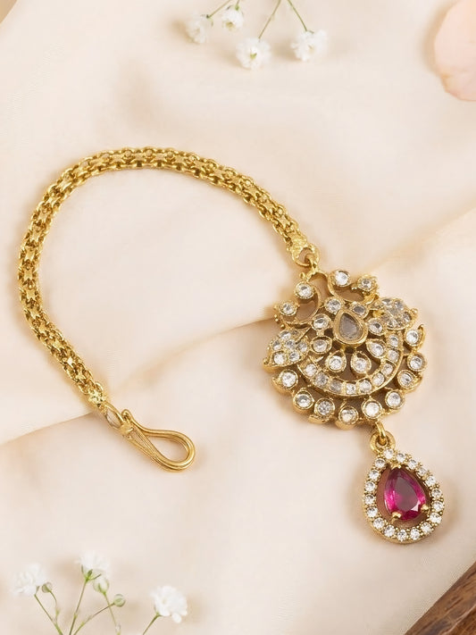 Gold Plated Red AD Maang Tikka for Women