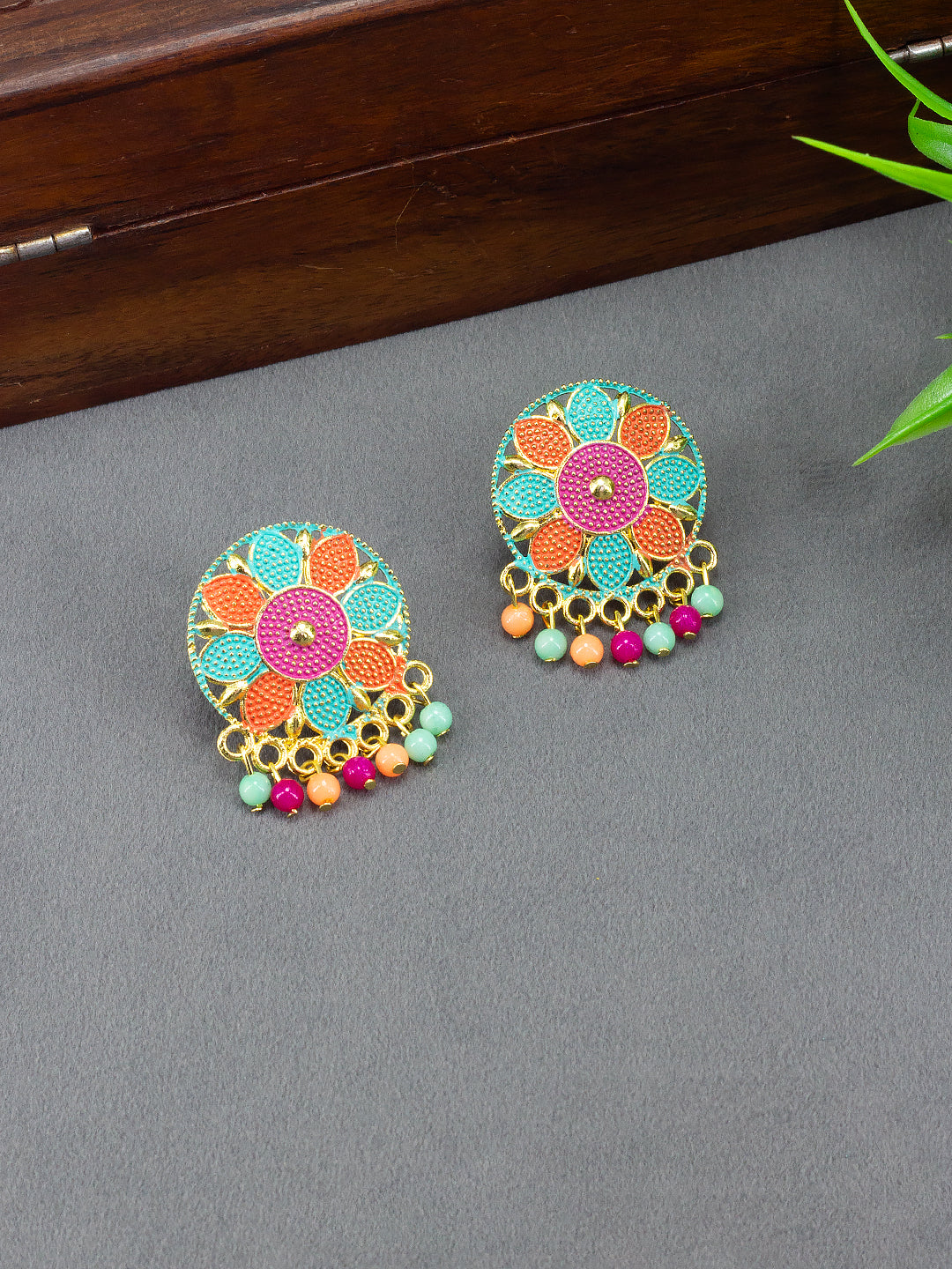 Silver-Plated Circular Floral Multi Color Stud Earrings
