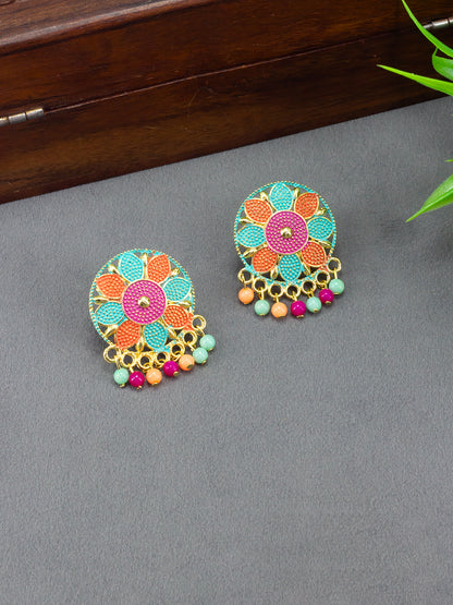Silver-Plated Circular Floral Multi Color Stud Earrings