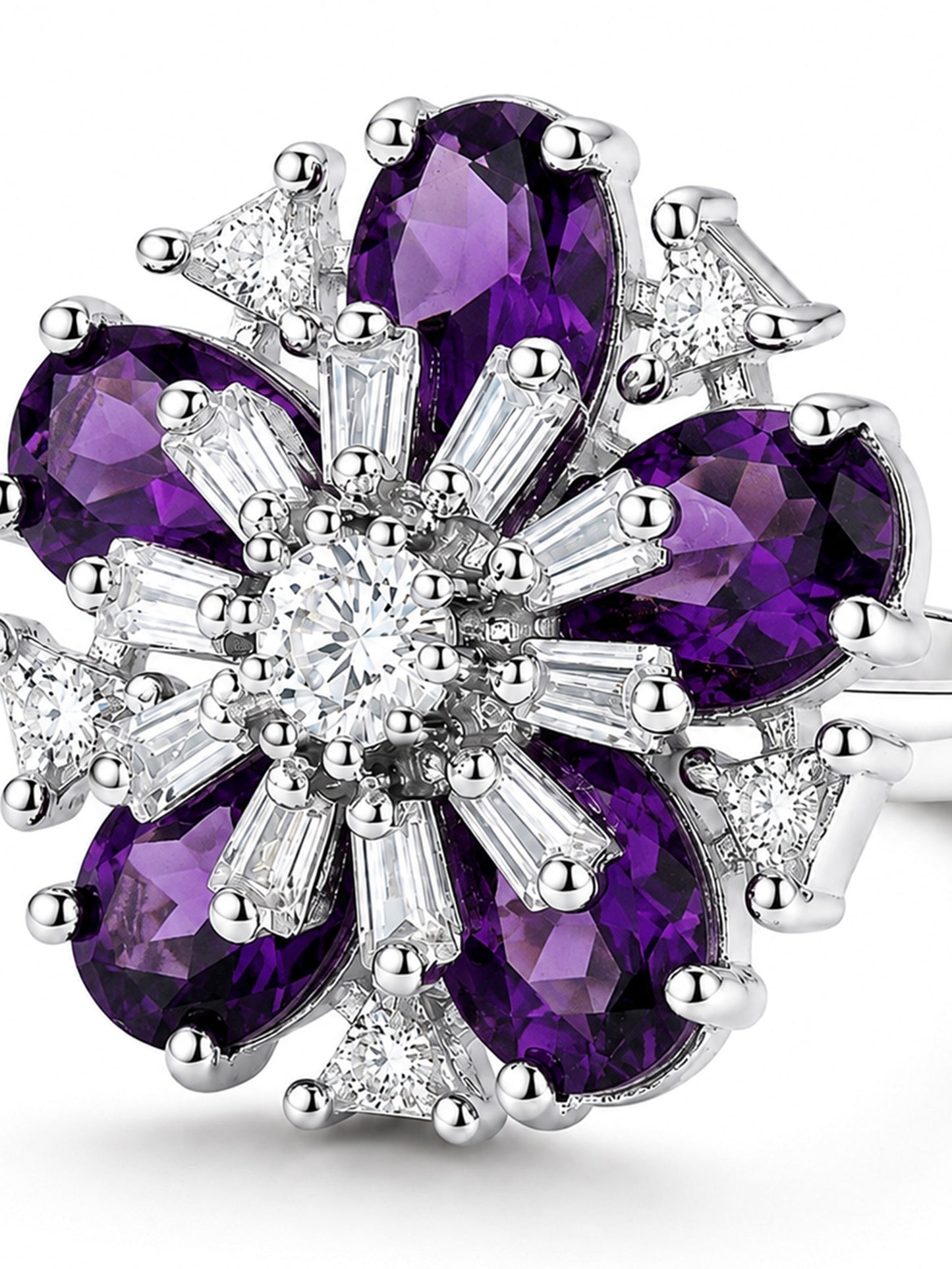 Rhodium Plated Purple AD Floral Finger Ring for Women