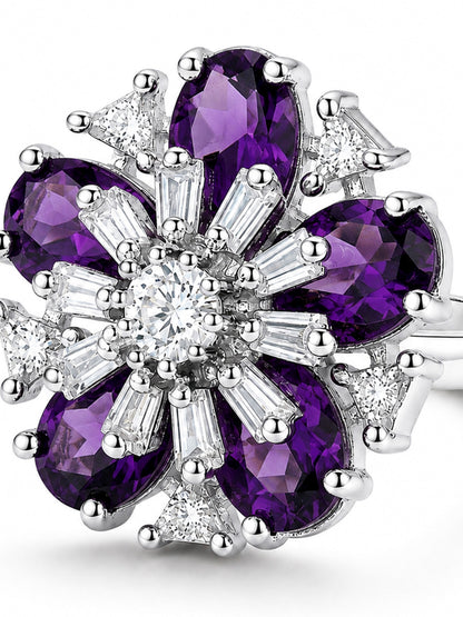 Rhodium Plated Purple AD Floral Finger Ring for Women