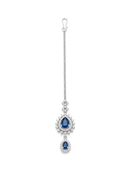 Silver Plated Blue AD Maang Tikka for Women