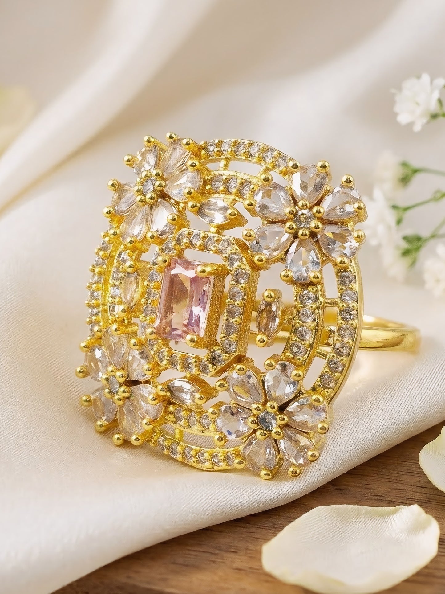 Gold Plated Pink AD Floral Finger Ring for Women