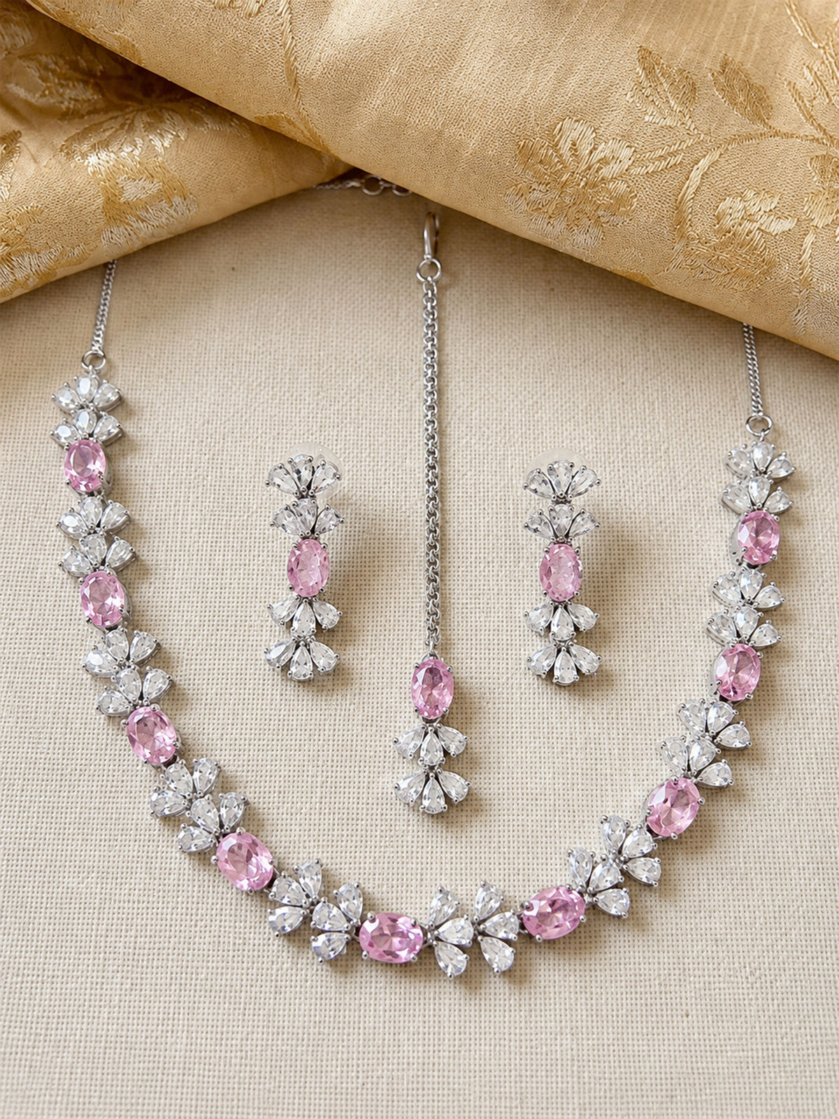 Silver Plated Pink AD Jewellery Set for Women
