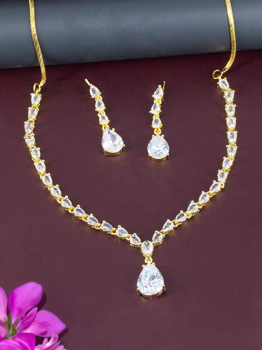 Gold Plated White AD Minimal Jewellery Set