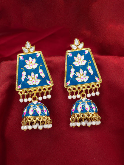 Gold Plated Blue Artificial Stones Studded Jhumka Earrings