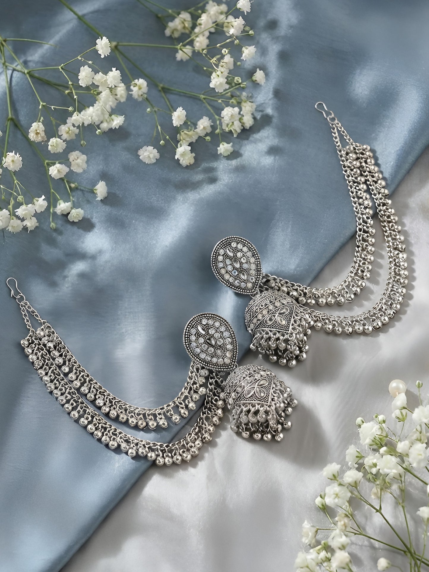 Silver Plated Classic Jhumka Earring with Ear Chain