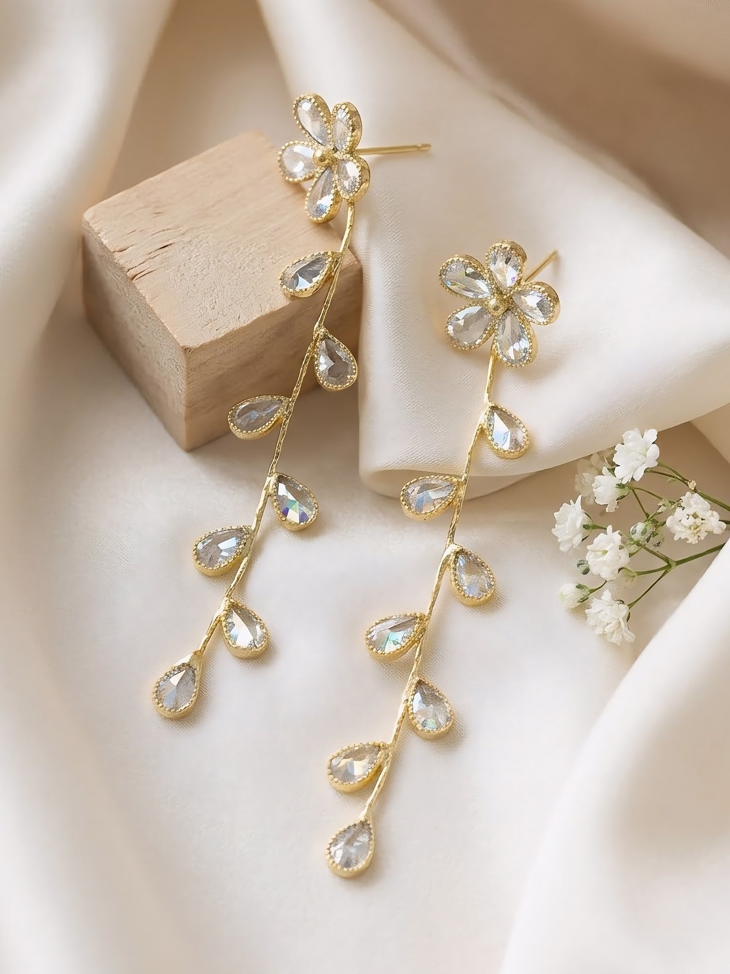 Gold Plated Cubic Zirconia Floral Drop Earrings for Women