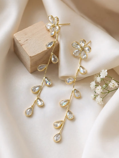 Gold Plated Cubic Zirconia Floral Drop Earrings for Women