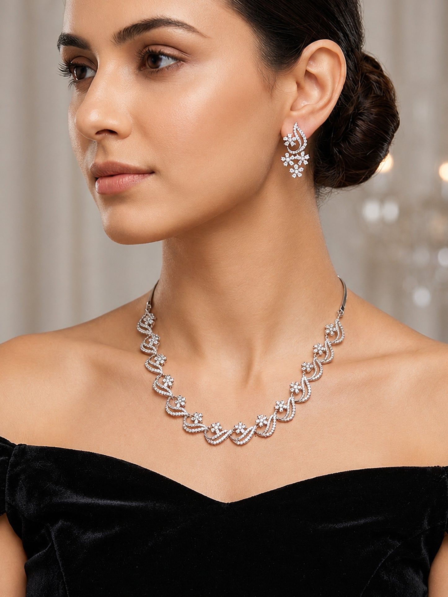Silver Plated AD Floral Jewellery Set for Women