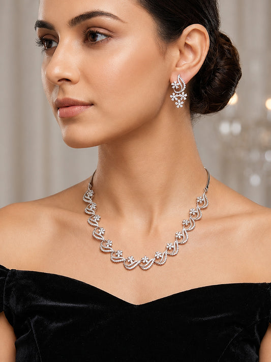Silver Plated AD Floral Jewellery Set for Women