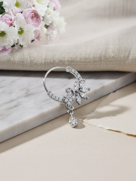 Silver Plated White AD Drop Nose Ring for Women