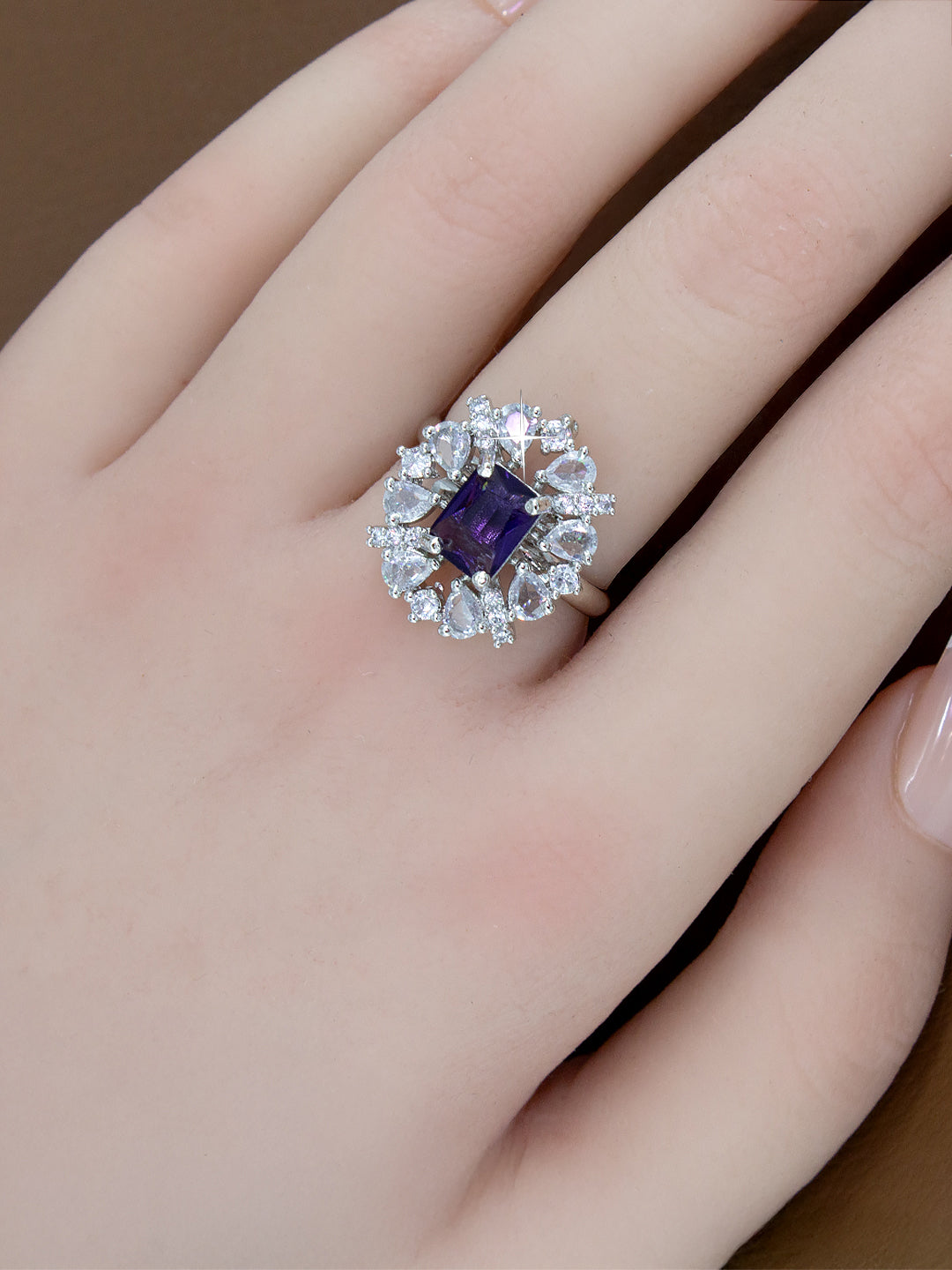 Silver-Plated American-Diamond Purple Adjustable Finger Ring