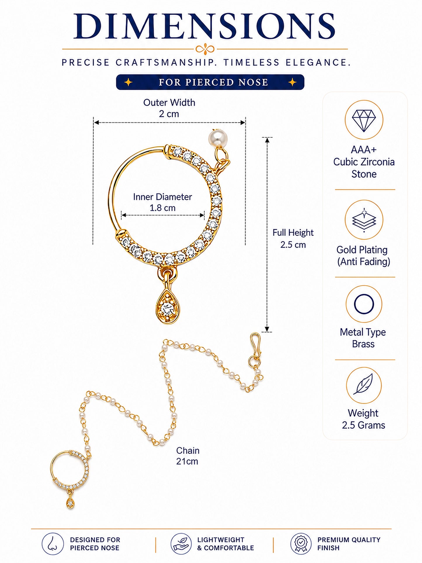 Gold Plated AD Nosering with Pearl Chain for Women