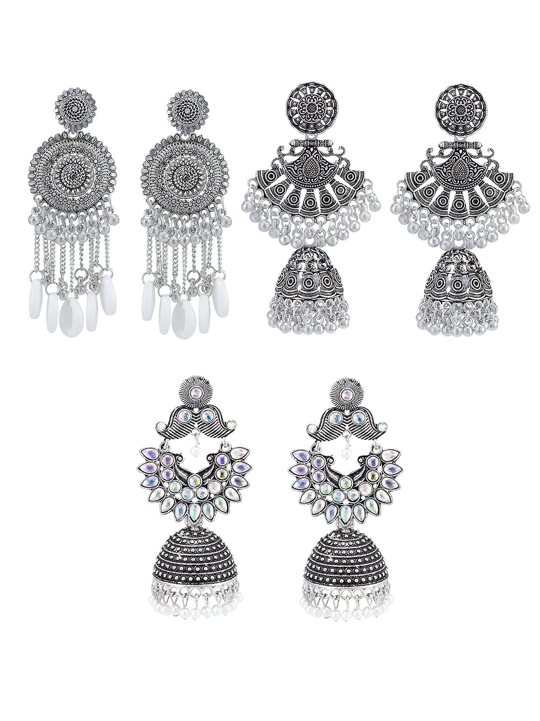 Pack of 3 Silver Oxidised Chandbali Jhumka Earrings