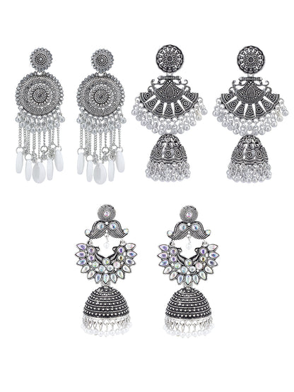 Pack of 3 Silver Oxidised Chandbali Jhumka Earrings