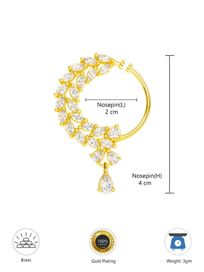 Gold Plated White AD Bridal Non-piercing Drop Nose Ring for Women