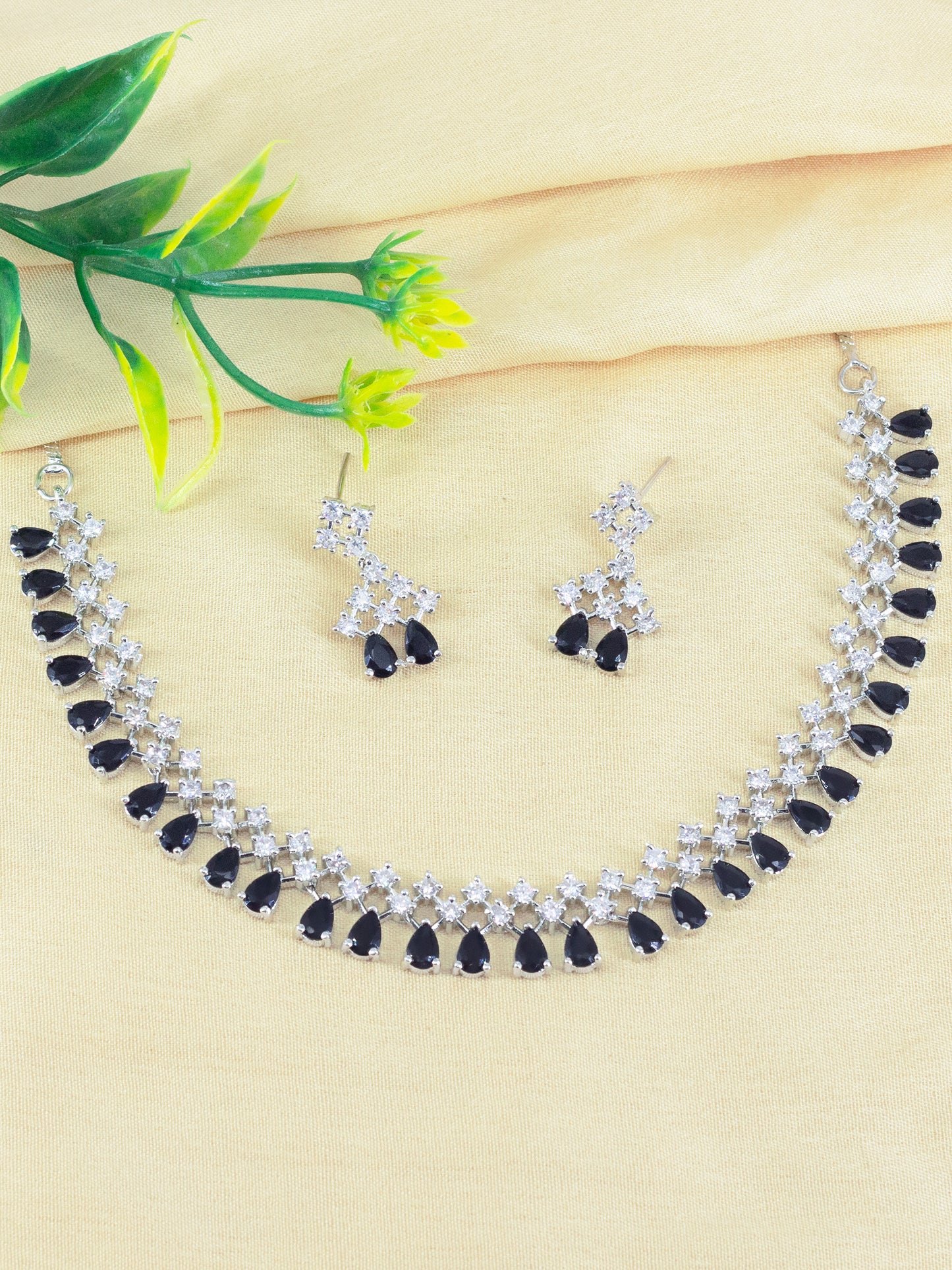 Silver Plated Black American Diamond Jewellery Set for Women