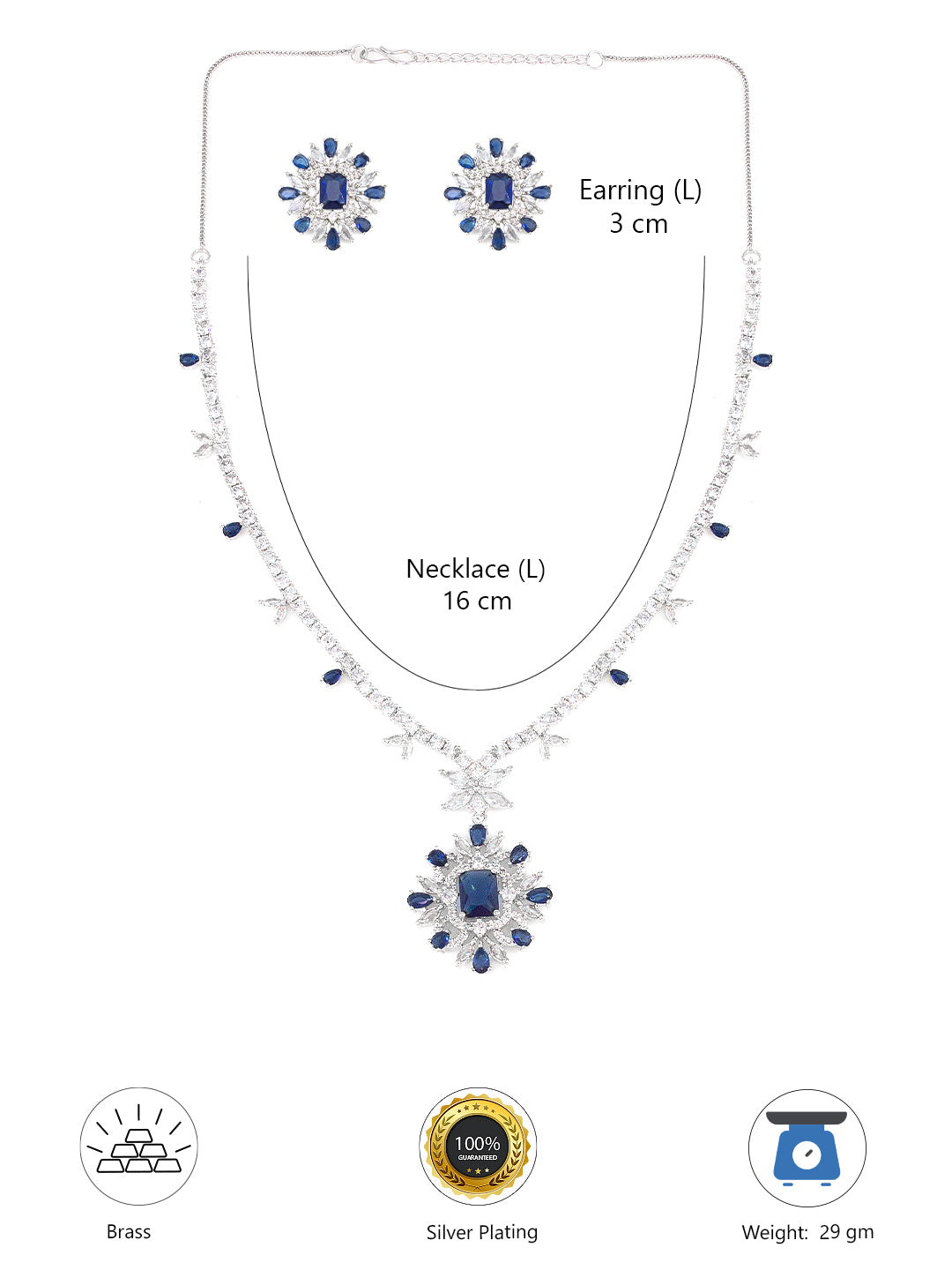 Silver Plated Blue Floral AD Jewellery Set