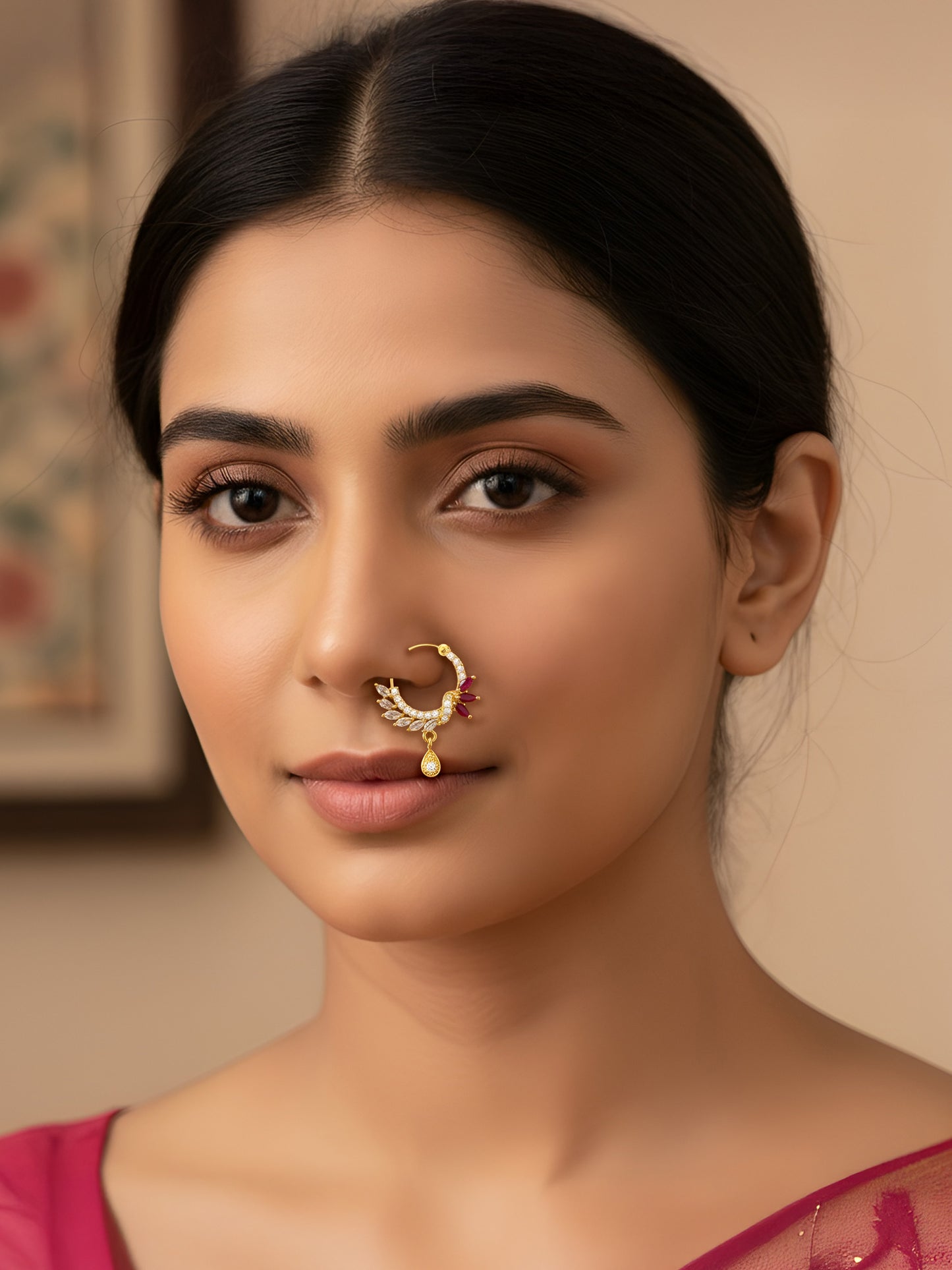 Gold Plated Red & White AD Drop Nose Ring