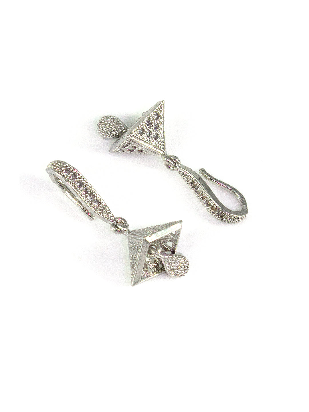 Silver Plated American Diamond Small Tringle Shaped Drop Jhumka Earrings