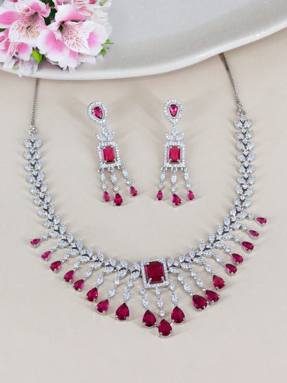 Silver Plated Red American Diamond Studded Jewellery Set