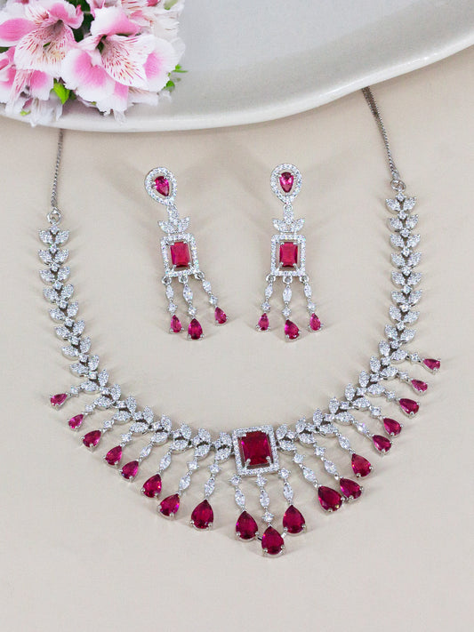 Silver Plated Red American Diamond Studded Jewellery Set