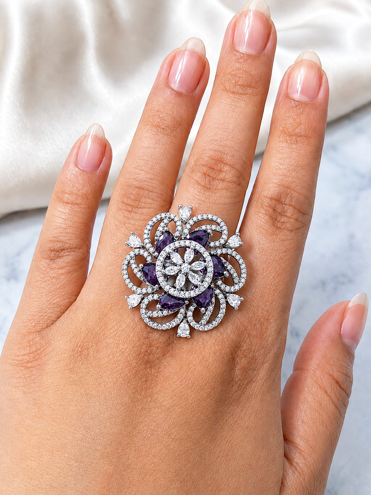 Silver Plated Purple AD Finger Ring for Women