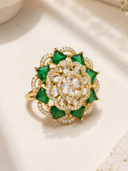 Antique Gold Plated Green AD Finger Ring for Women