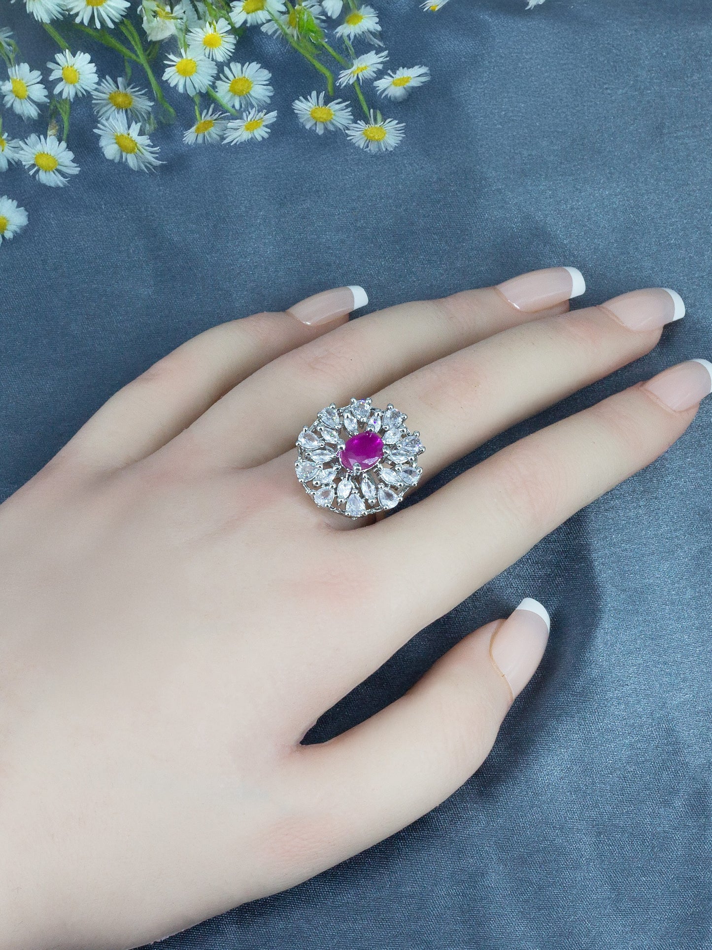 Silver Plated Red AD Floral Adjustable Ring for Women