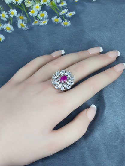 Silver Plated Red AD Floral Adjustable Ring for Women