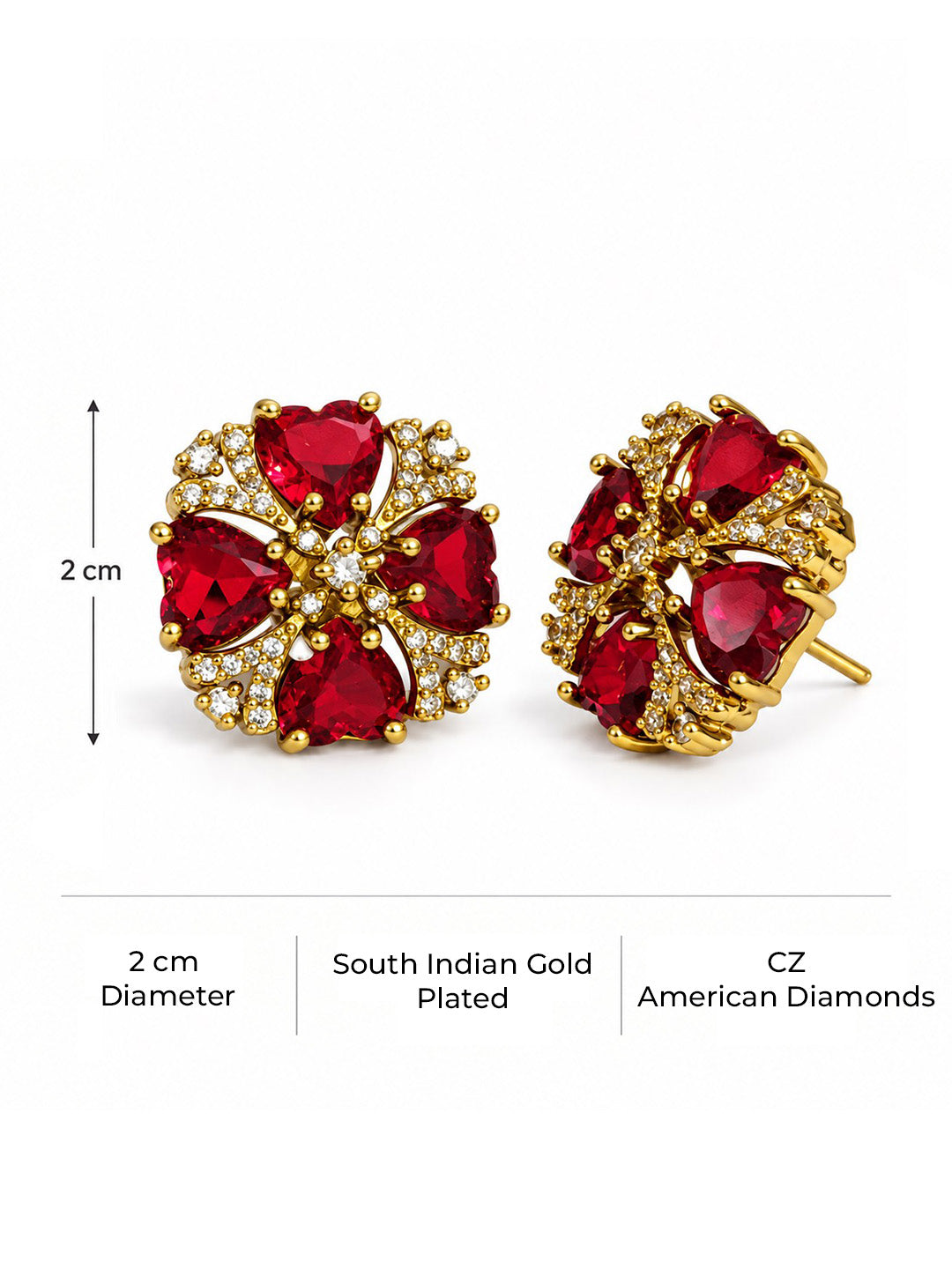 South Indian Gold Plated Red AD Floral Stud Earrings for Women