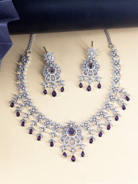 Rhodium Plated Purple & White AD Jewellery Set