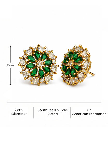 South Indian Gold Plated Green AD Floral Stud Earrings for Women