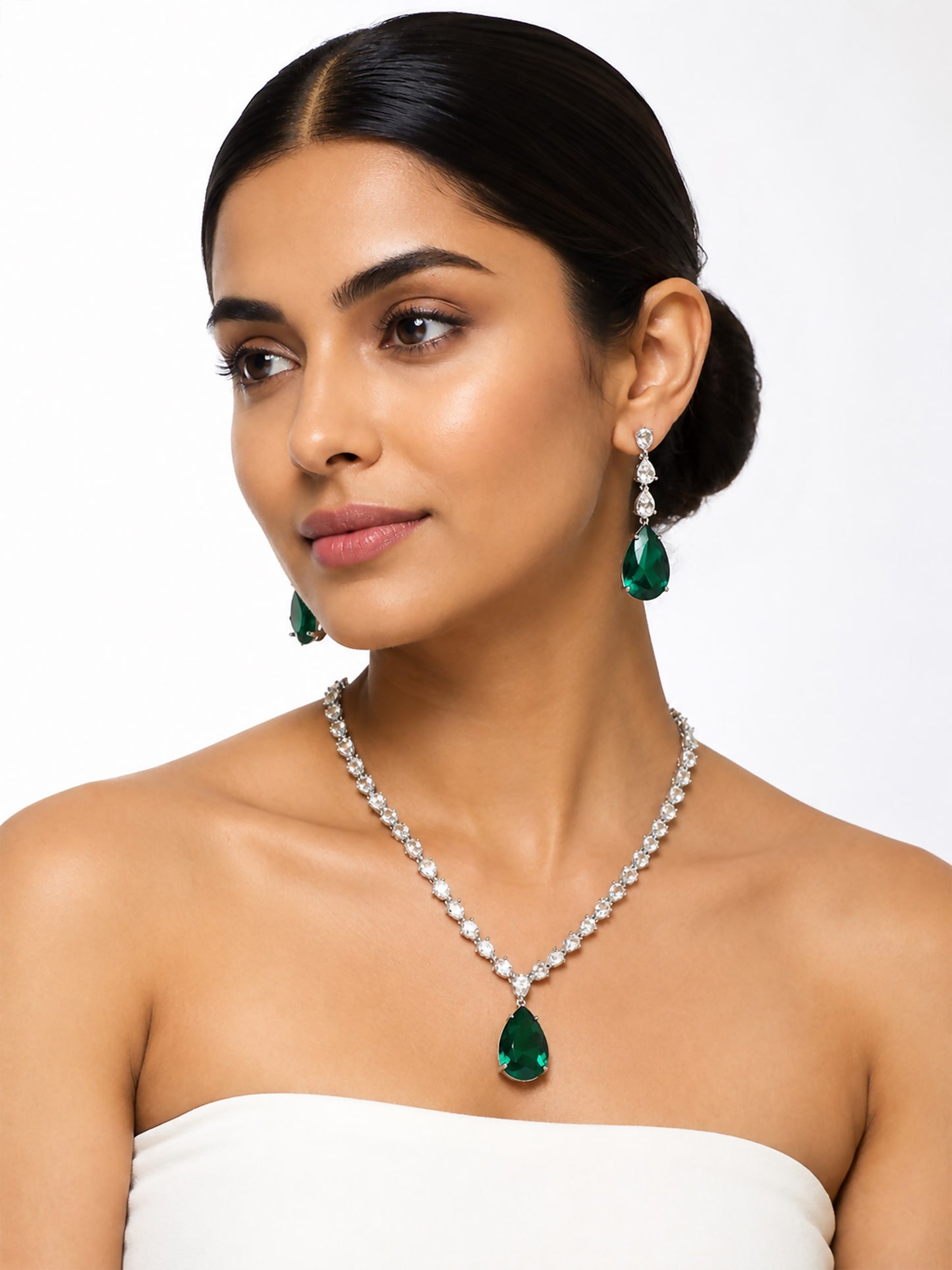 Silver Plated Green Teardrop AD Jewellery Set for Women