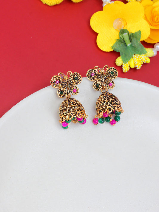 Antique Gold-Plated Butterfly Artificial Stone & Beaded Jhumki Earrings