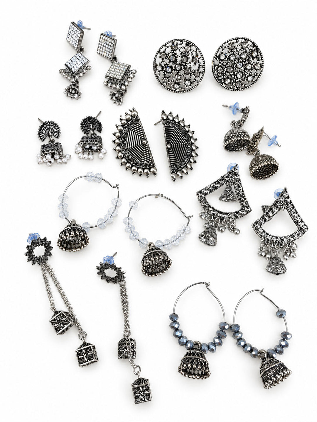Set of 9 Silver Oxidised Jhumka Earrings for Women