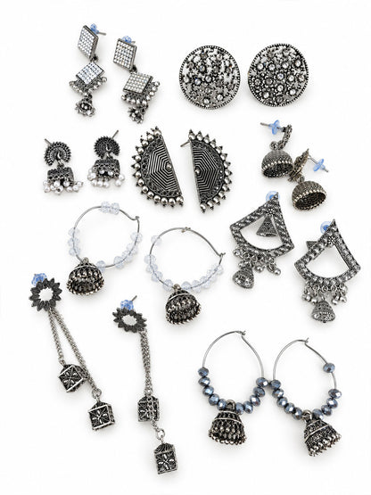 Set of 9 Silver Oxidised Jhumka Earrings for Women