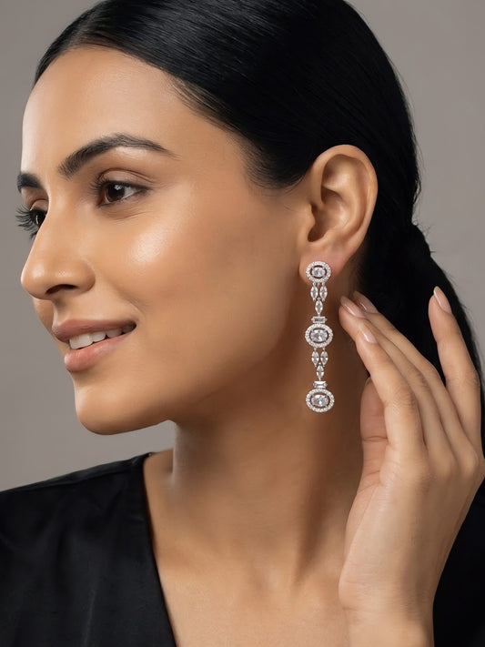 Silver Plated American Diamond Drop Earrings for Women