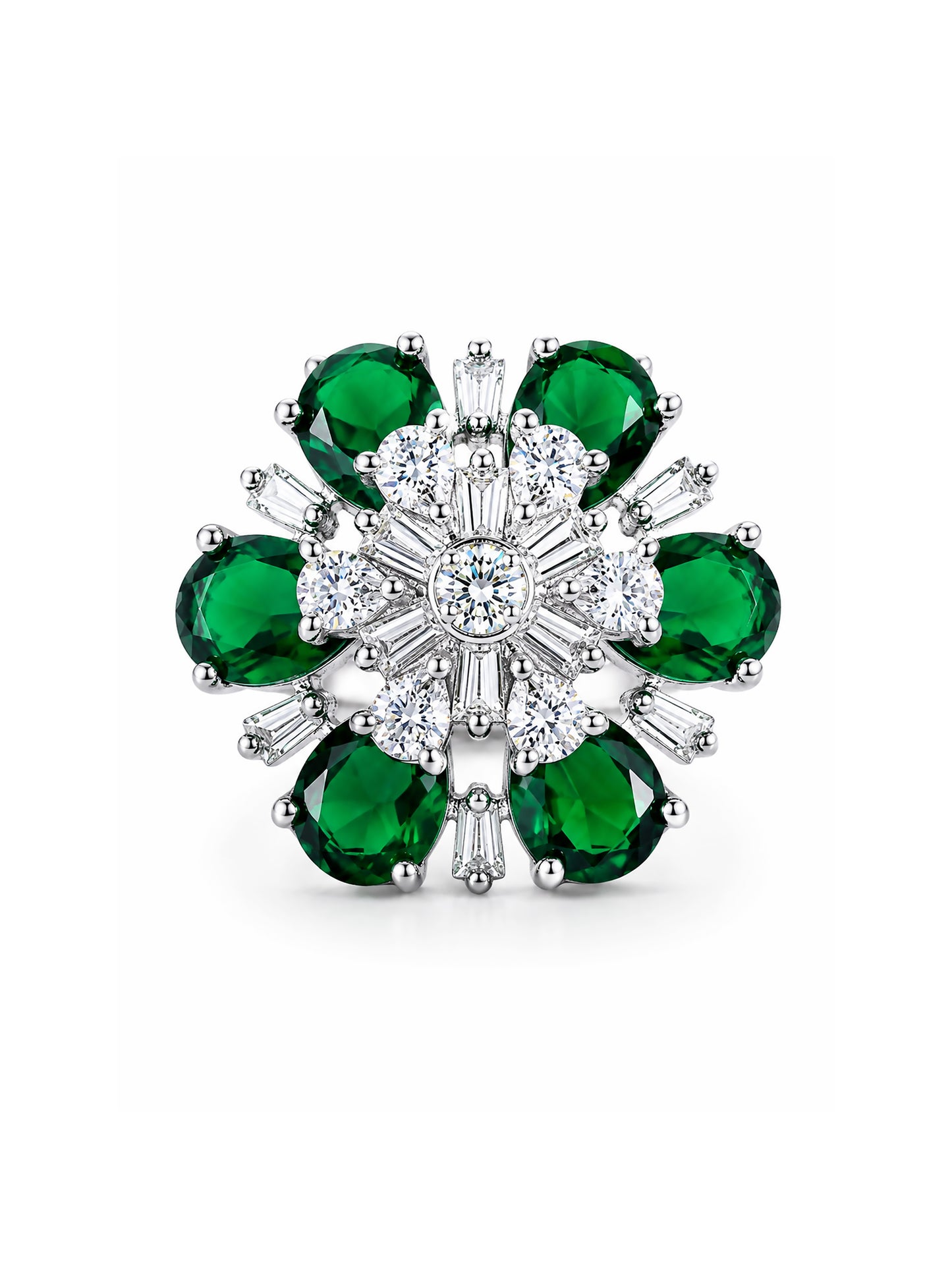 Silver Plated Green AD Floral Finger Ring for Women